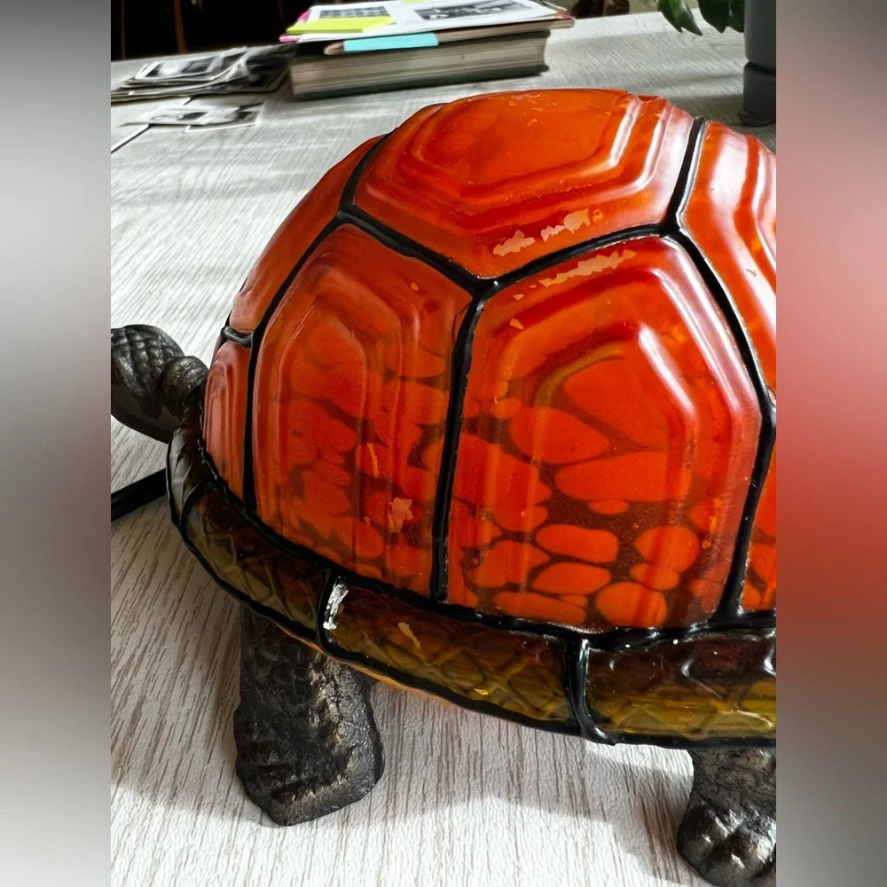 Tiffany Style Amber Glass Turtle Table Lamp - Metal Base Removable Shell - Picture 14 of 17